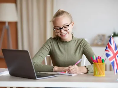 young girl studying for her language exam