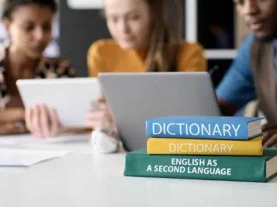 students studying on the laptops with dictionaries