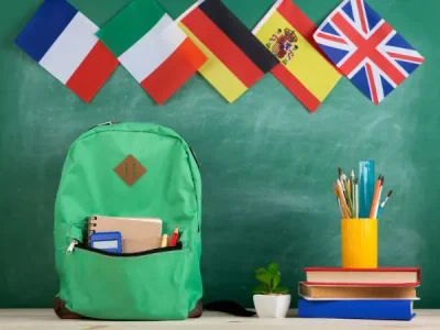 school backpack with flags from around the world