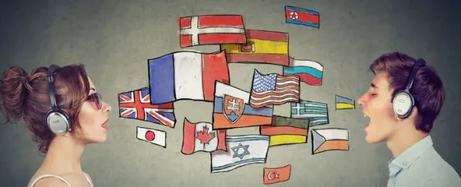 two people speaking with flags between them to represent language certifications